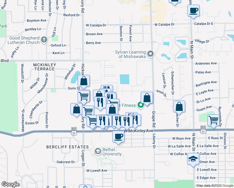 map of restaurants, bars, coffee shops, grocery stores, and more near 2501 Benton St in Mishawaka