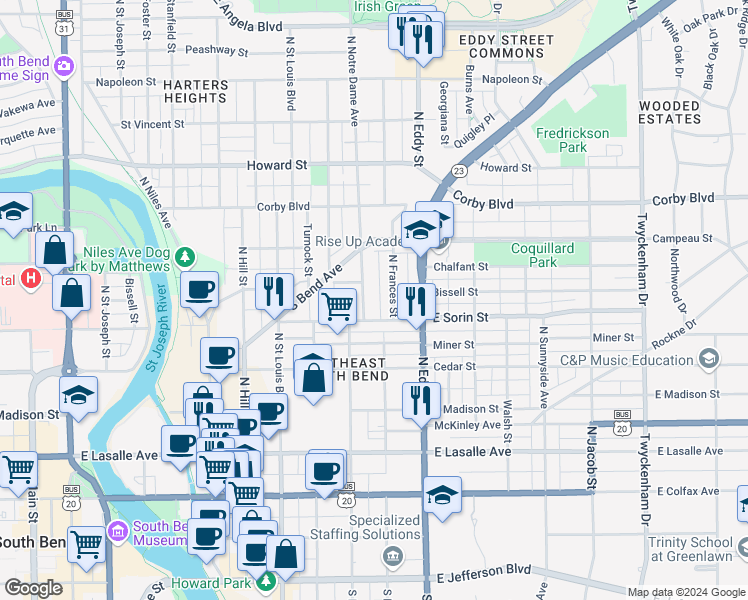 map of restaurants, bars, coffee shops, grocery stores, and more near 908 East Sorin Street in South Bend