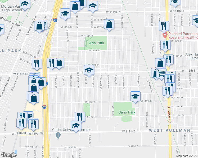 map of restaurants, bars, coffee shops, grocery stores, and more near 11549 South Throop Street in Chicago
