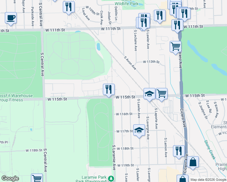 map of restaurants, bars, coffee shops, grocery stores, and more near 5146 West 115th Street in Alsip