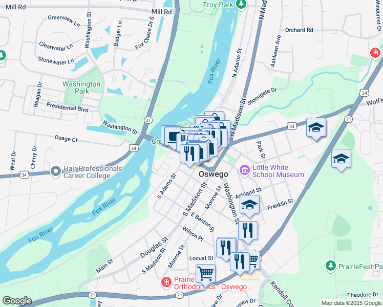 map of restaurants, bars, coffee shops, grocery stores, and more near 103 Main Street in Oswego