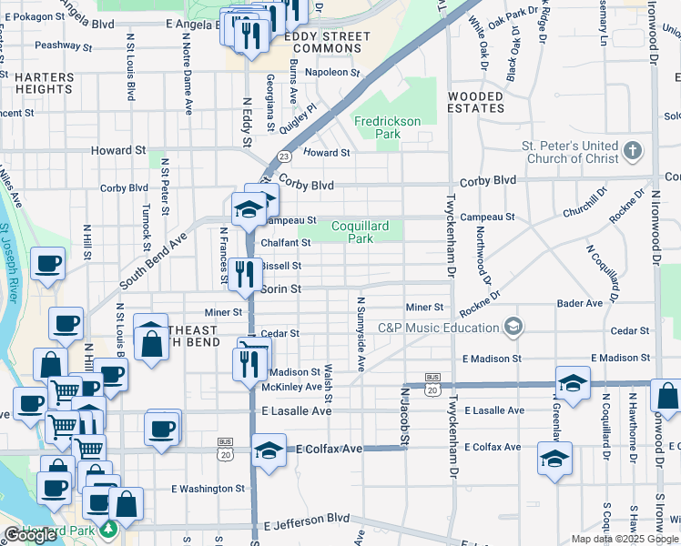 map of restaurants, bars, coffee shops, grocery stores, and more near in South Bend
