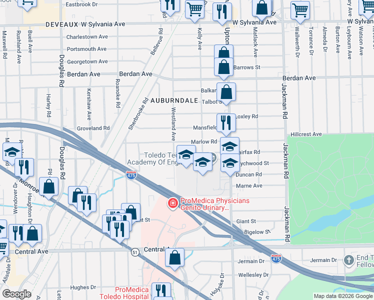 map of restaurants, bars, coffee shops, grocery stores, and more near 2047 Fairfax Road in Toledo