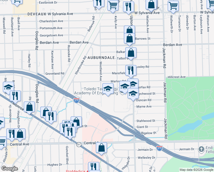map of restaurants, bars, coffee shops, grocery stores, and more near 2047 Fairfax Road in Toledo