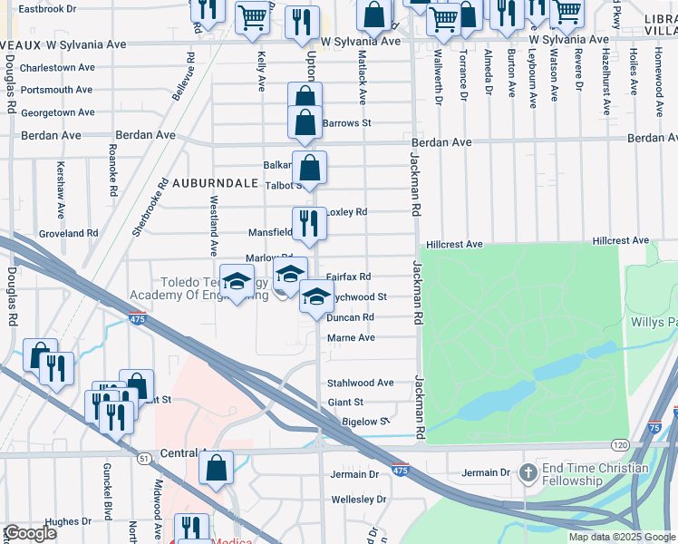 map of restaurants, bars, coffee shops, grocery stores, and more near 1834 Fairfax Road in Toledo