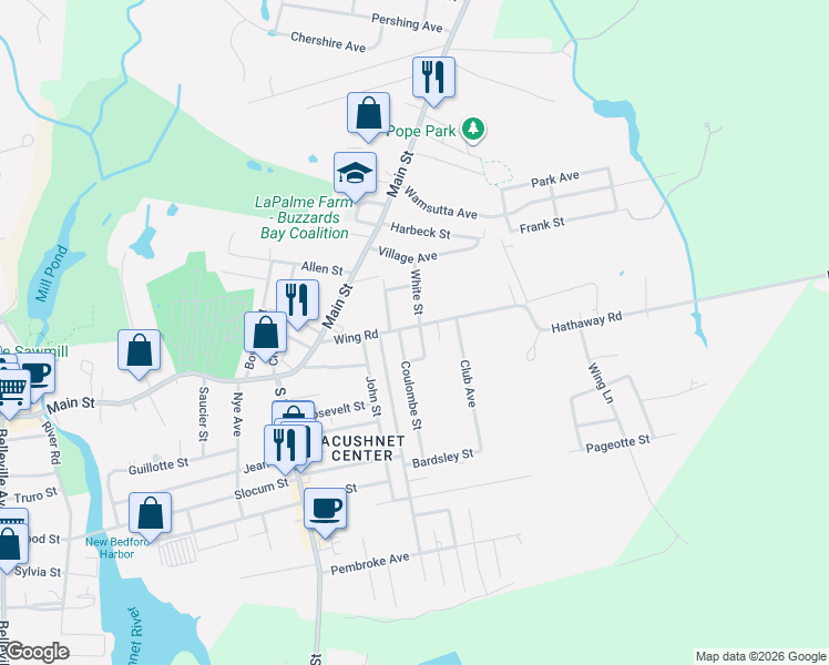 map of restaurants, bars, coffee shops, grocery stores, and more near 56 Coulombe Street in Acushnet