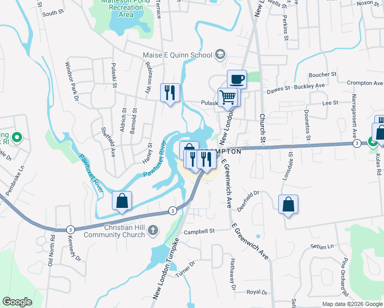 map of restaurants, bars, coffee shops, grocery stores, and more near 1735 Main Street in West Warwick