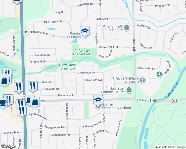 map of restaurants, bars, coffee shops, grocery stores, and more near 4824 Clearwater Lane in Naperville