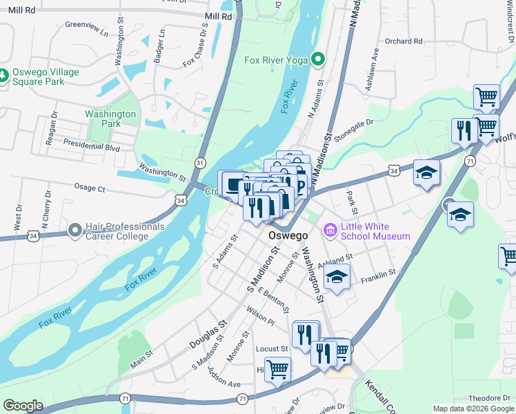 map of restaurants, bars, coffee shops, grocery stores, and more near 103 Main Street in Oswego