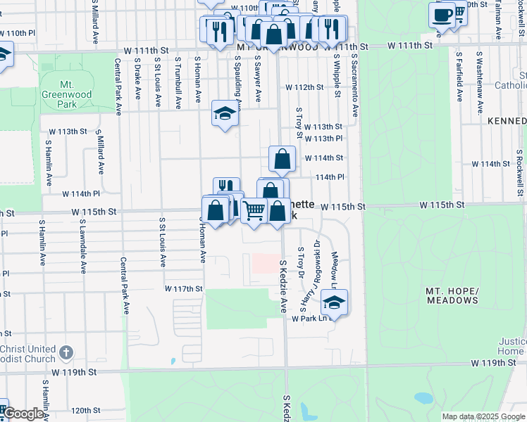 map of restaurants, bars, coffee shops, grocery stores, and more near 3243 West 115th Street in Merrionette Park