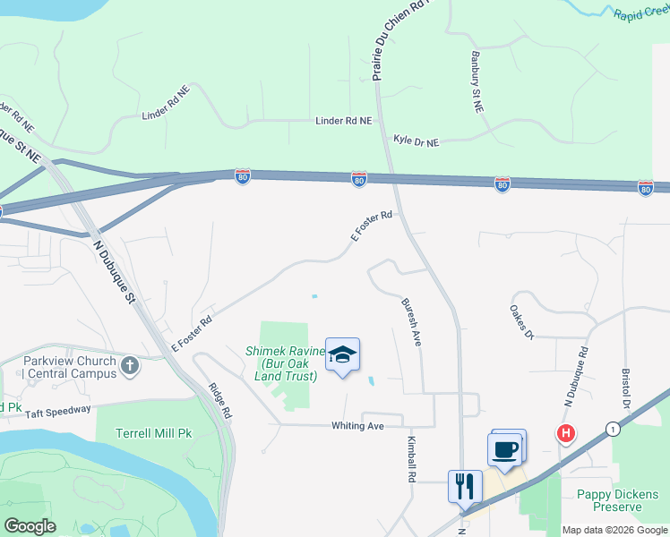 map of restaurants, bars, coffee shops, grocery stores, and more near 1549-1599 Buresh Avenue in Iowa City