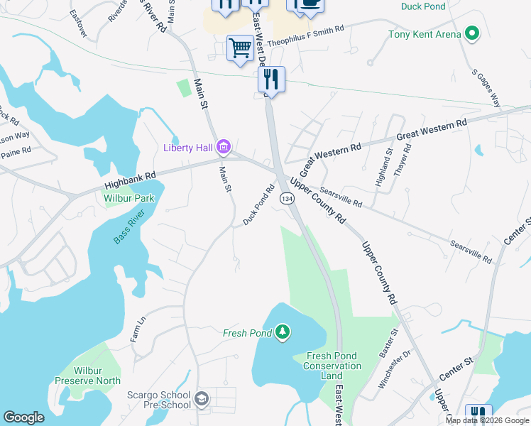 map of restaurants, bars, coffee shops, grocery stores, and more near 31 Duck Pond Road in South Dennis