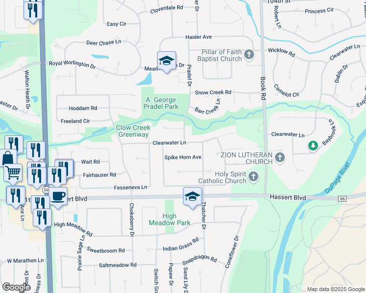 map of restaurants, bars, coffee shops, grocery stores, and more near 4824 Clearwater Lane in Naperville