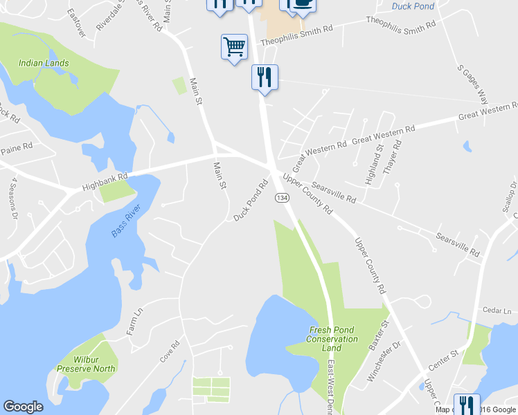 map of restaurants, bars, coffee shops, grocery stores, and more near 31 Duck Pond Road in Dennis