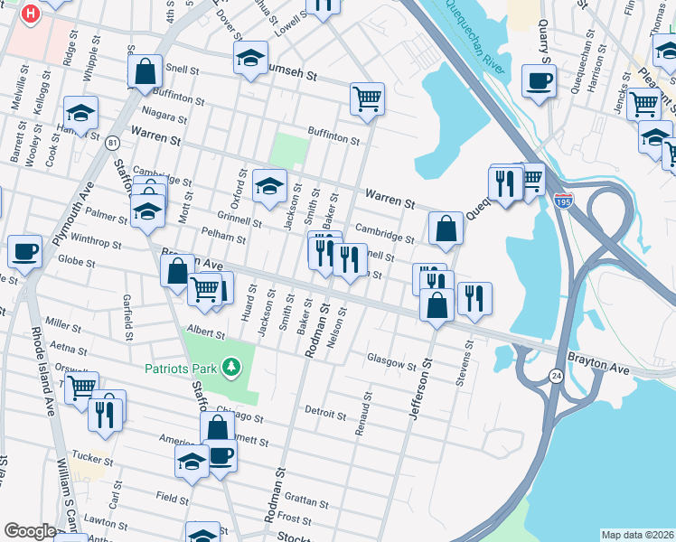 map of restaurants, bars, coffee shops, grocery stores, and more near 492 Brayton Avenue in Fall River