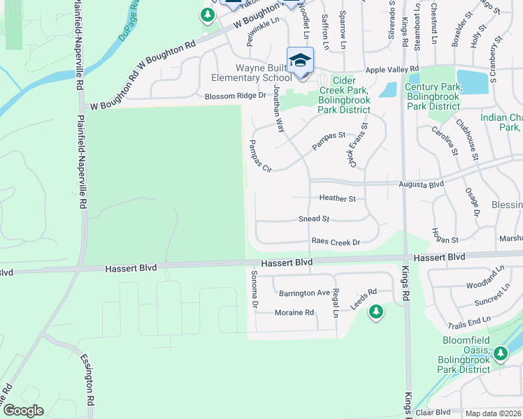 map of restaurants, bars, coffee shops, grocery stores, and more near 13 Raes Creek Court in Bolingbrook