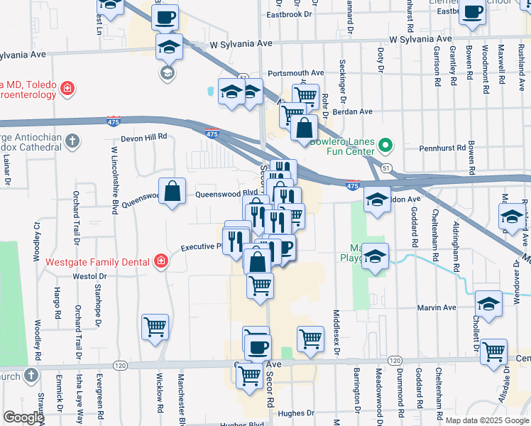 map of restaurants, bars, coffee shops, grocery stores, and more near 3500 Secor Road in Toledo