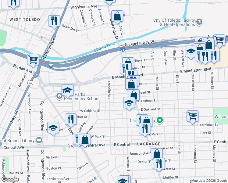 map of restaurants, bars, coffee shops, grocery stores, and more near 16 East Pearl Street in Toledo