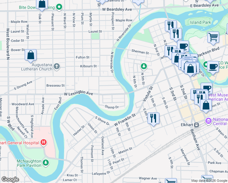 map of restaurants, bars, coffee shops, grocery stores, and more near 647 West Lexington Avenue in Elkhart