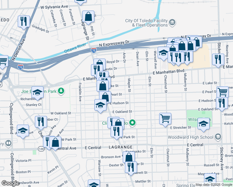 map of restaurants, bars, coffee shops, grocery stores, and more near 235 East Hudson Street in Toledo