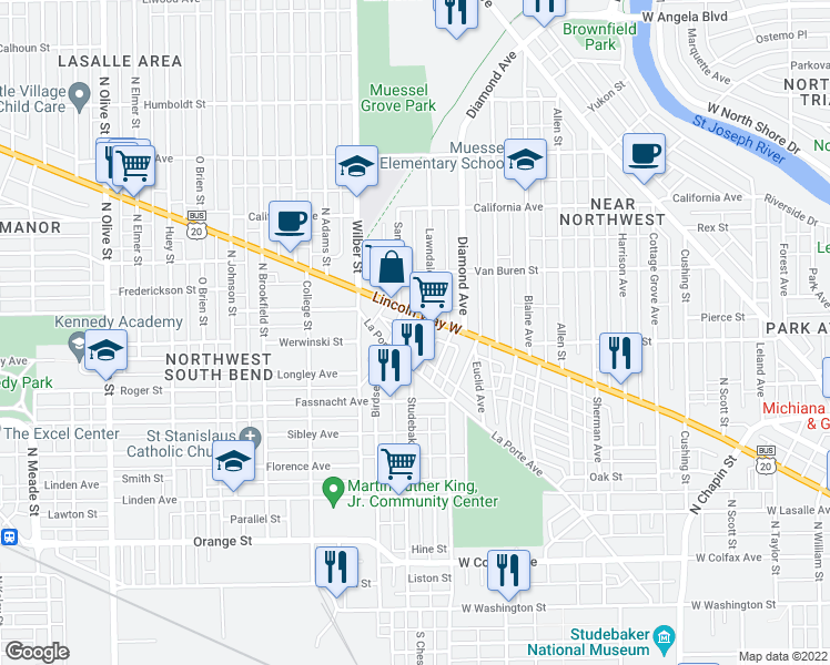 map of restaurants, bars, coffee shops, grocery stores, and more near 673 Lawndale Avenue in South Bend