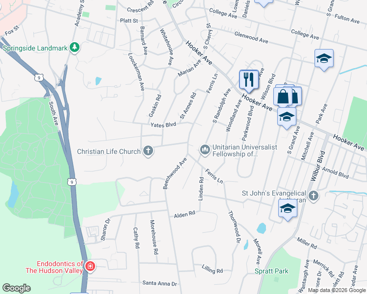map of restaurants, bars, coffee shops, grocery stores, and more near 66 Ferris Lane in Poughkeepsie