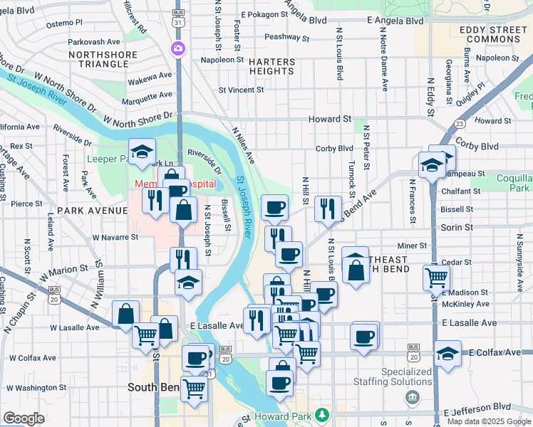 map of restaurants, bars, coffee shops, grocery stores, and more near 617 Neddo Court in South Bend