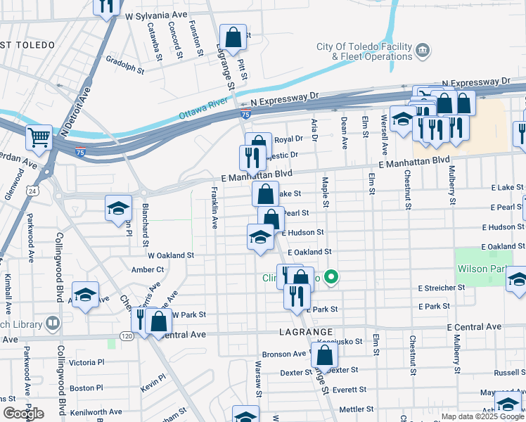 map of restaurants, bars, coffee shops, grocery stores, and more near 3369 Lagrange Street in Toledo