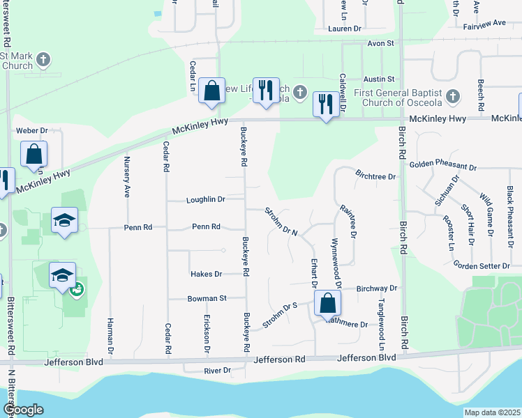 map of restaurants, bars, coffee shops, grocery stores, and more near 11699 Strohm Drive North in Mishawaka