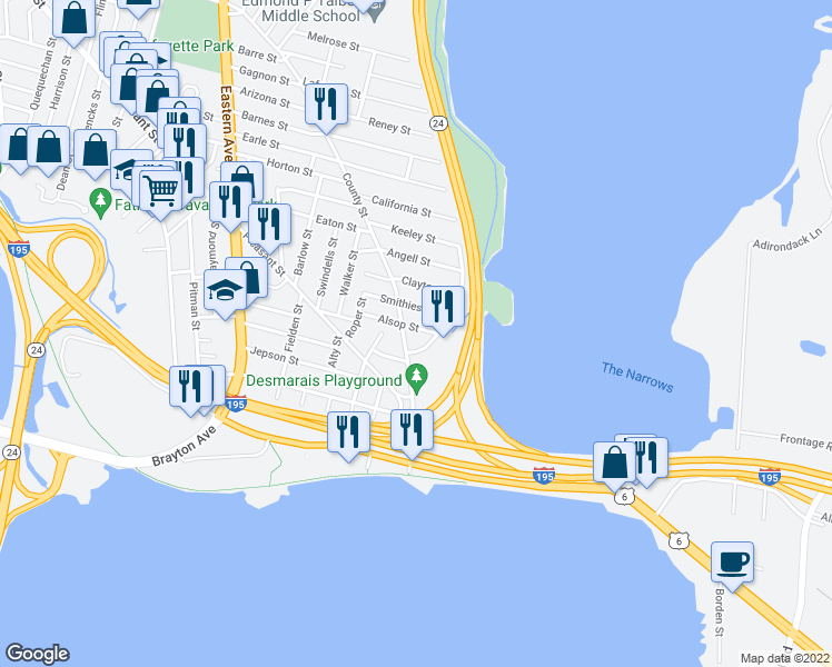 map of restaurants, bars, coffee shops, grocery stores, and more near 123 Alsop Street in Fall River