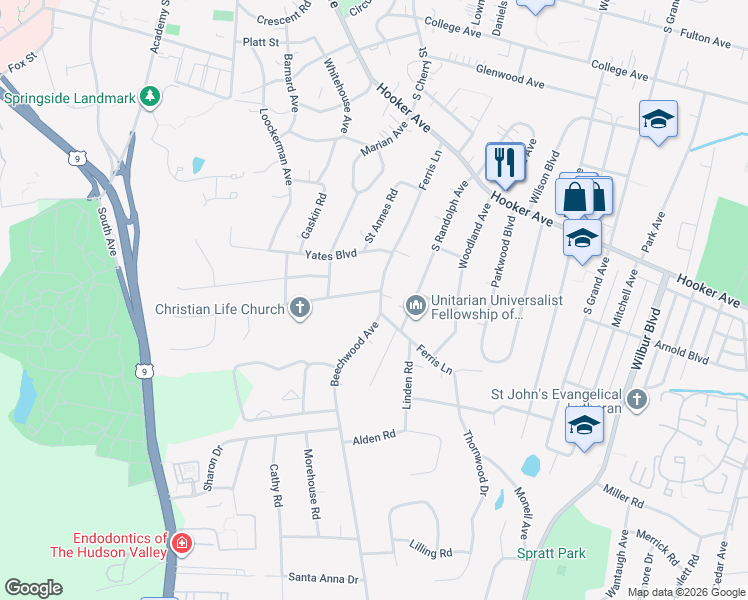 map of restaurants, bars, coffee shops, grocery stores, and more near 66 Ferris Lane in Poughkeepsie