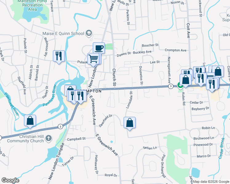map of restaurants, bars, coffee shops, grocery stores, and more near 63 Cowesett Avenue in West Warwick