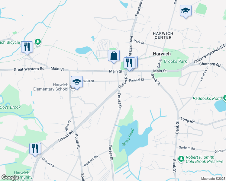 map of restaurants, bars, coffee shops, grocery stores, and more near 233 Sisson Road in Harwich