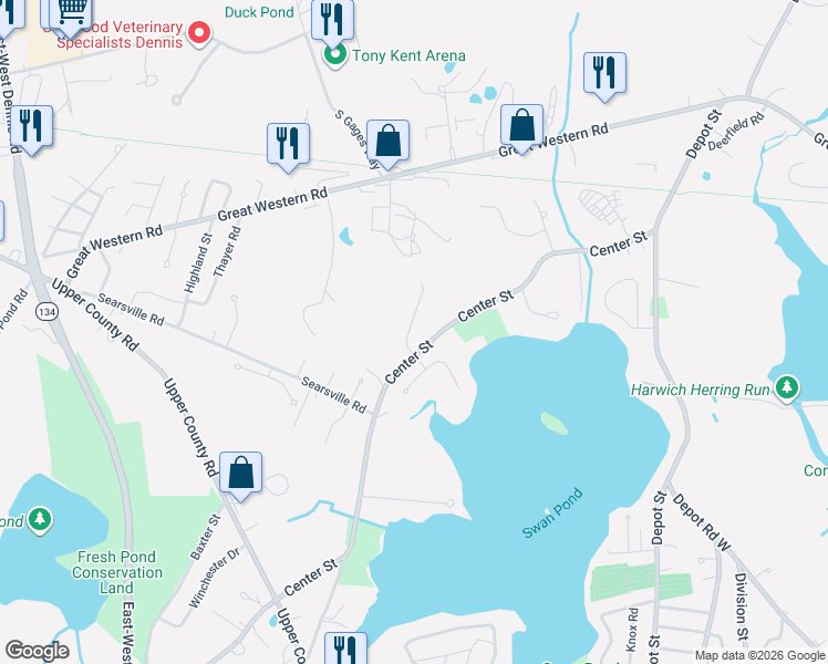 map of restaurants, bars, coffee shops, grocery stores, and more near 5 Whistler Lane in Dennis