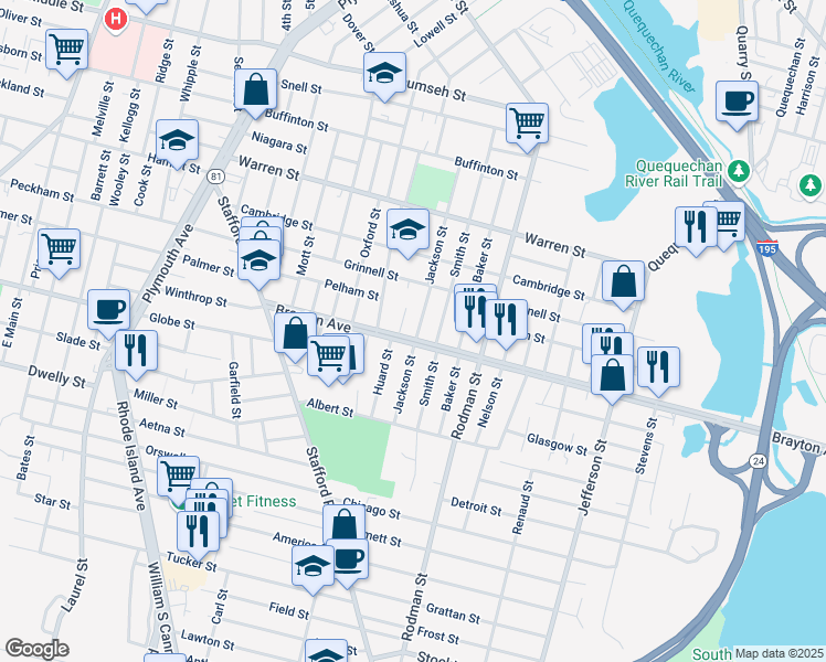 map of restaurants, bars, coffee shops, grocery stores, and more near 424 Jackson Street in Fall River