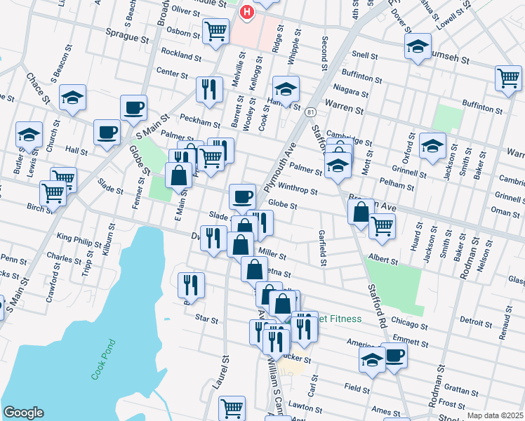 map of restaurants, bars, coffee shops, grocery stores, and more near 1308 Slade Street in Fall River