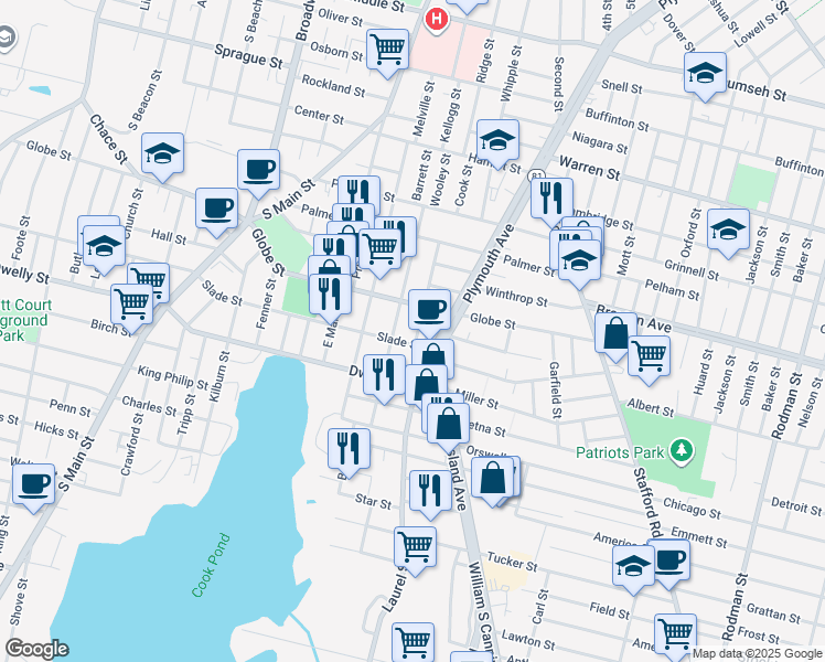 map of restaurants, bars, coffee shops, grocery stores, and more near 1495 Plymouth Avenue in Fall River