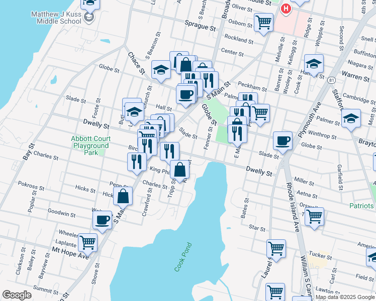 map of restaurants, bars, coffee shops, grocery stores, and more near 885 Dwelly Street in Fall River