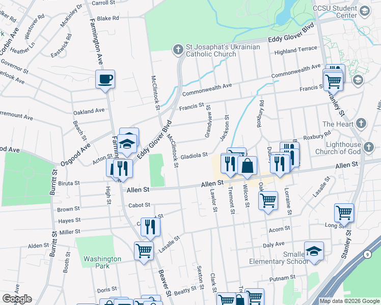 map of restaurants, bars, coffee shops, grocery stores, and more near 37 Gladiola Street in New Britain