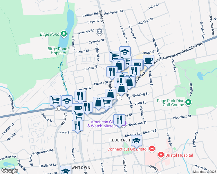 map of restaurants, bars, coffee shops, grocery stores, and more near 25 Ingraham Place in Bristol