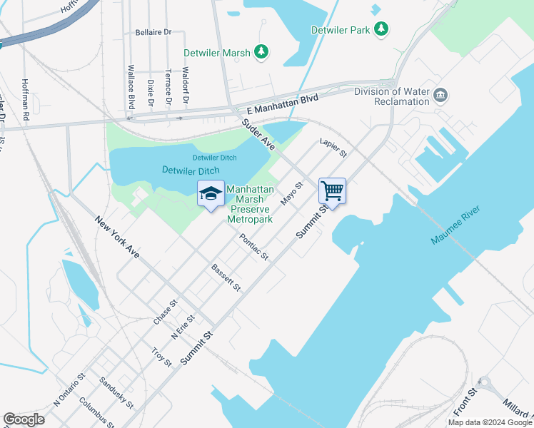 map of restaurants, bars, coffee shops, grocery stores, and more near 3232 Mayo Street in Toledo