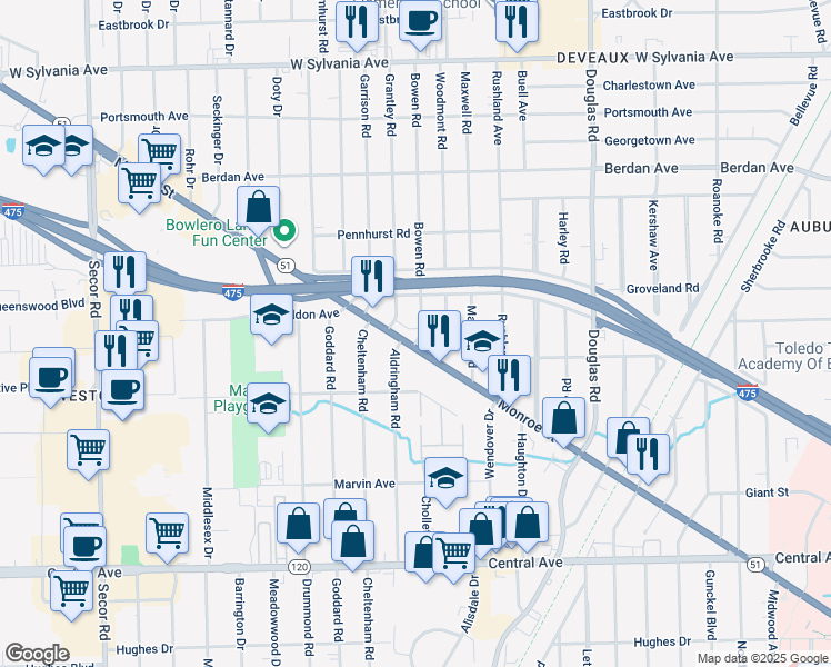 map of restaurants, bars, coffee shops, grocery stores, and more near in Toledo