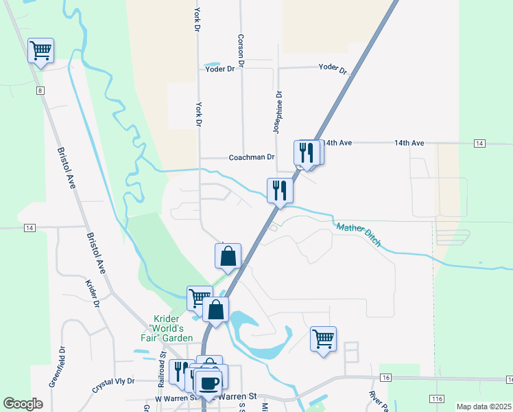 map of restaurants, bars, coffee shops, grocery stores, and more near 413 North Main Street in Middlebury