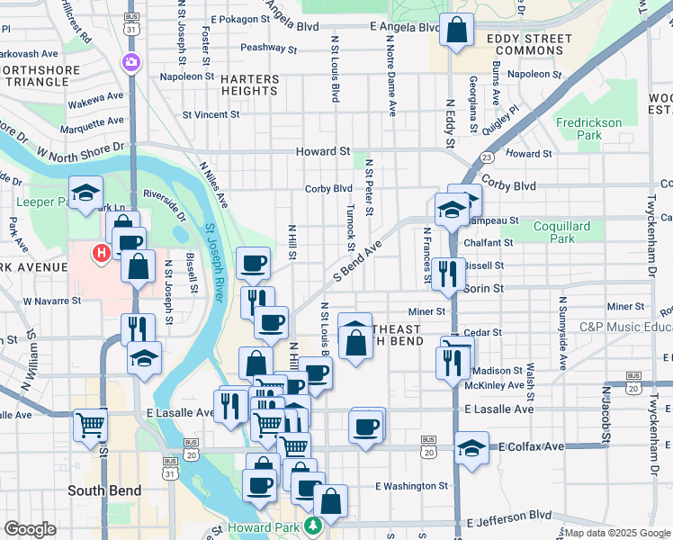 map of restaurants, bars, coffee shops, grocery stores, and more near 708 South Bend Avenue in South Bend