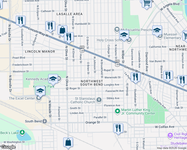 map of restaurants, bars, coffee shops, grocery stores, and more near 626 North Johnson Street in South Bend