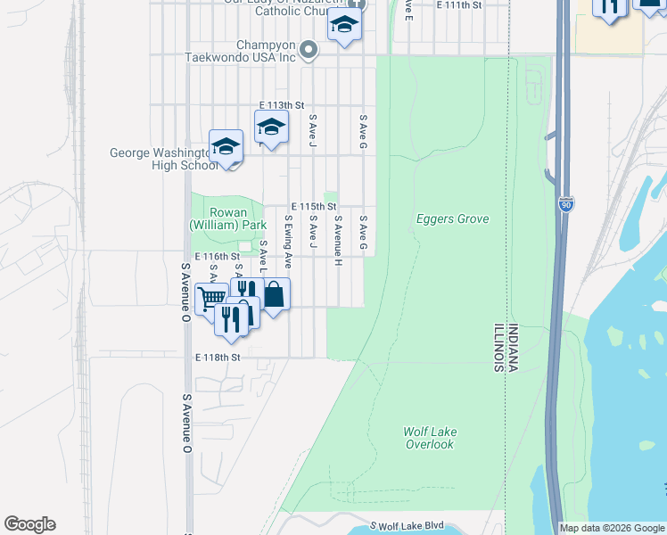 map of restaurants, bars, coffee shops, grocery stores, and more near 11633 South Avenue H in Chicago