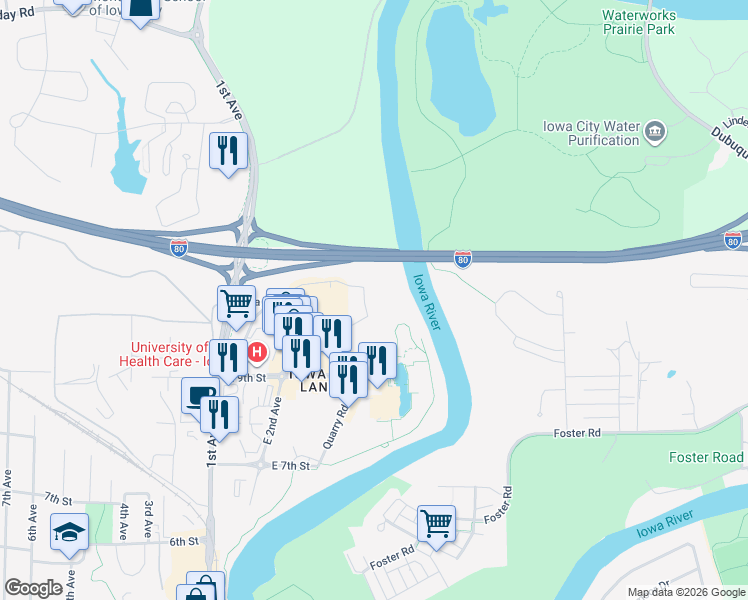 map of restaurants, bars, coffee shops, grocery stores, and more near 928 Quarry Road in Coralville