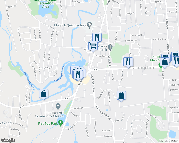 map of restaurants, bars, coffee shops, grocery stores, and more near 0 East Greenwich Avenue in West Warwick