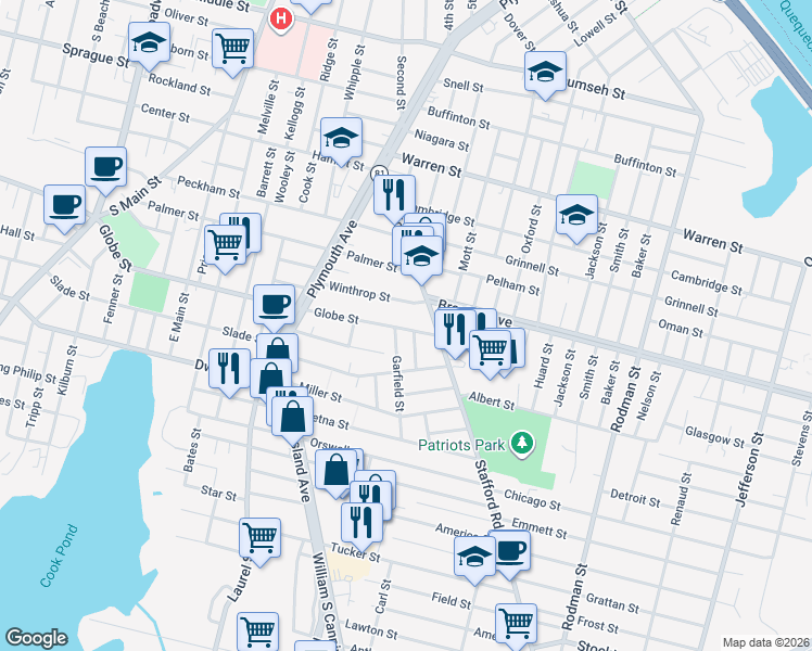 map of restaurants, bars, coffee shops, grocery stores, and more near 36 Hambly Street in Fall River