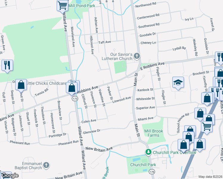 map of restaurants, bars, coffee shops, grocery stores, and more near 35 Parker Street in Newington
